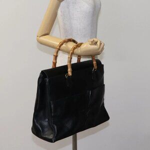 GUCCI Bamboo Hand Bag Leather Black Gold 002 2855 0322 0 Auth f